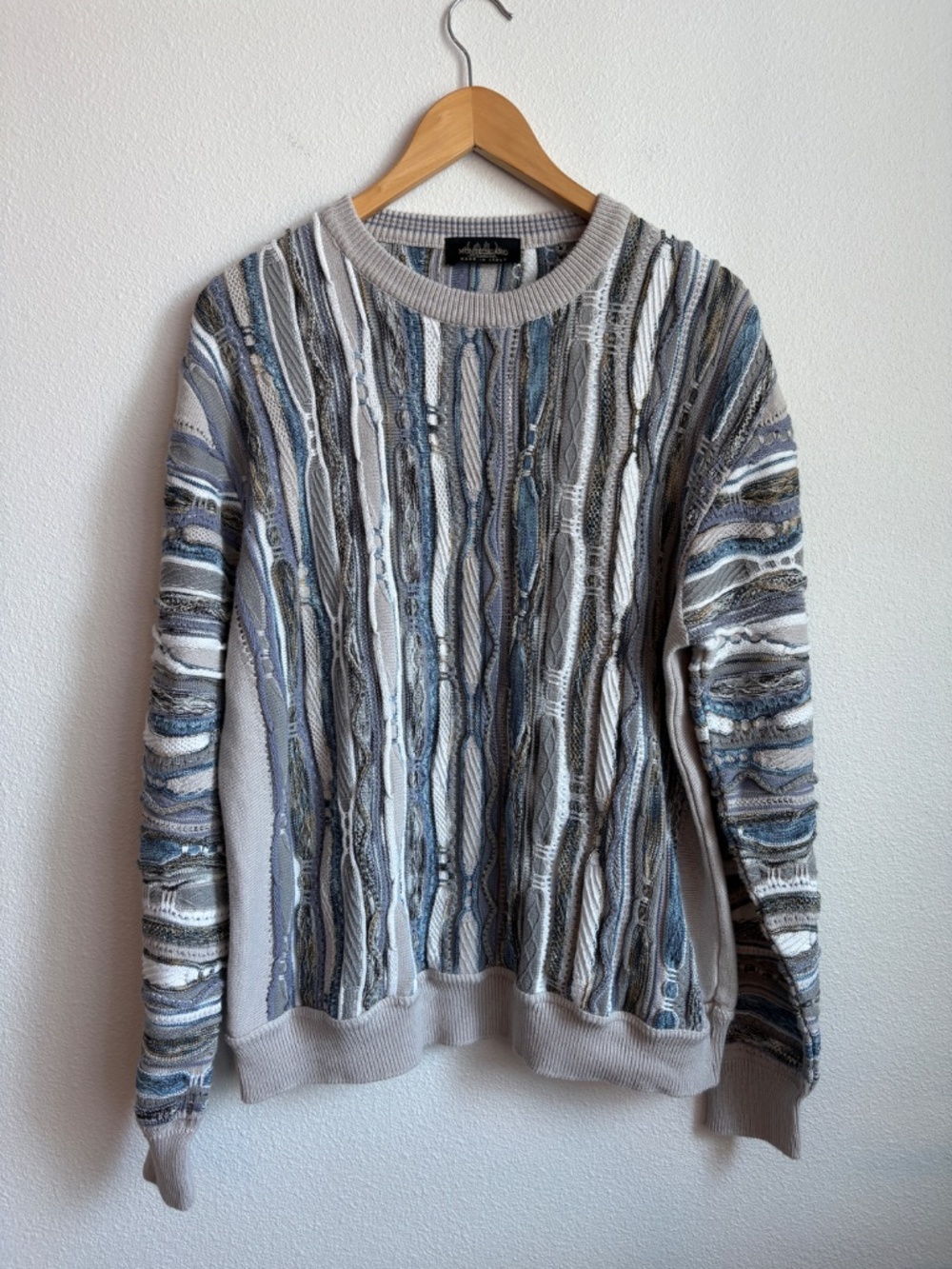 Montechiaro Italy 3D Textured Knit Sweater Blue Grey Crewneck Mens XL